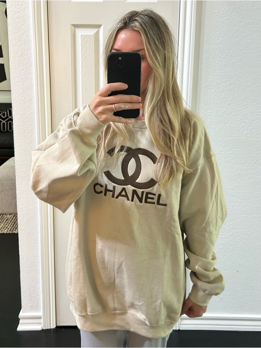 Embroidered Crewneck Sweatshirt - Beige Tan Oatmeal
